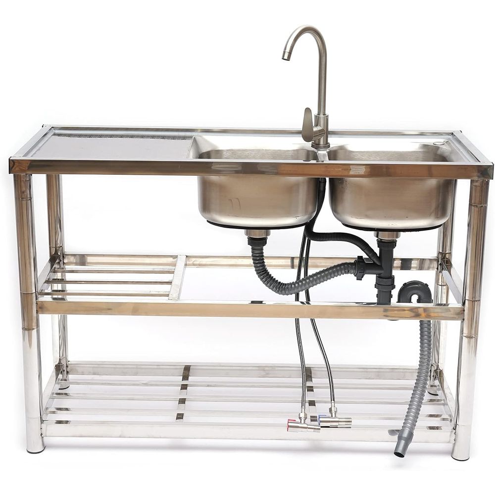 Commercial Kitchen Double Sink - Stojąca zlewozmywak ze stali nierdzewnej z